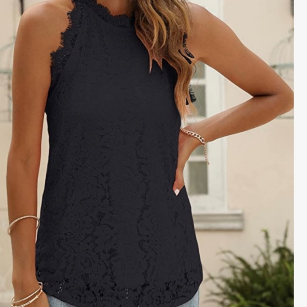 Berryou Black Hallow Out Lace Halter Tank Top 2X